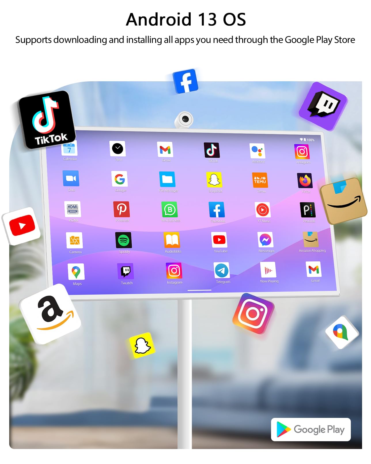 GFF 32-Inch Portable Smart TV on Wheels, Rolling TV with Touch Screen Monitor, 8G RAM +128G Storage, Android 13 OS, Built in Google Assistant, 2K Webcam, Full Swivel Rotation, Remote Control