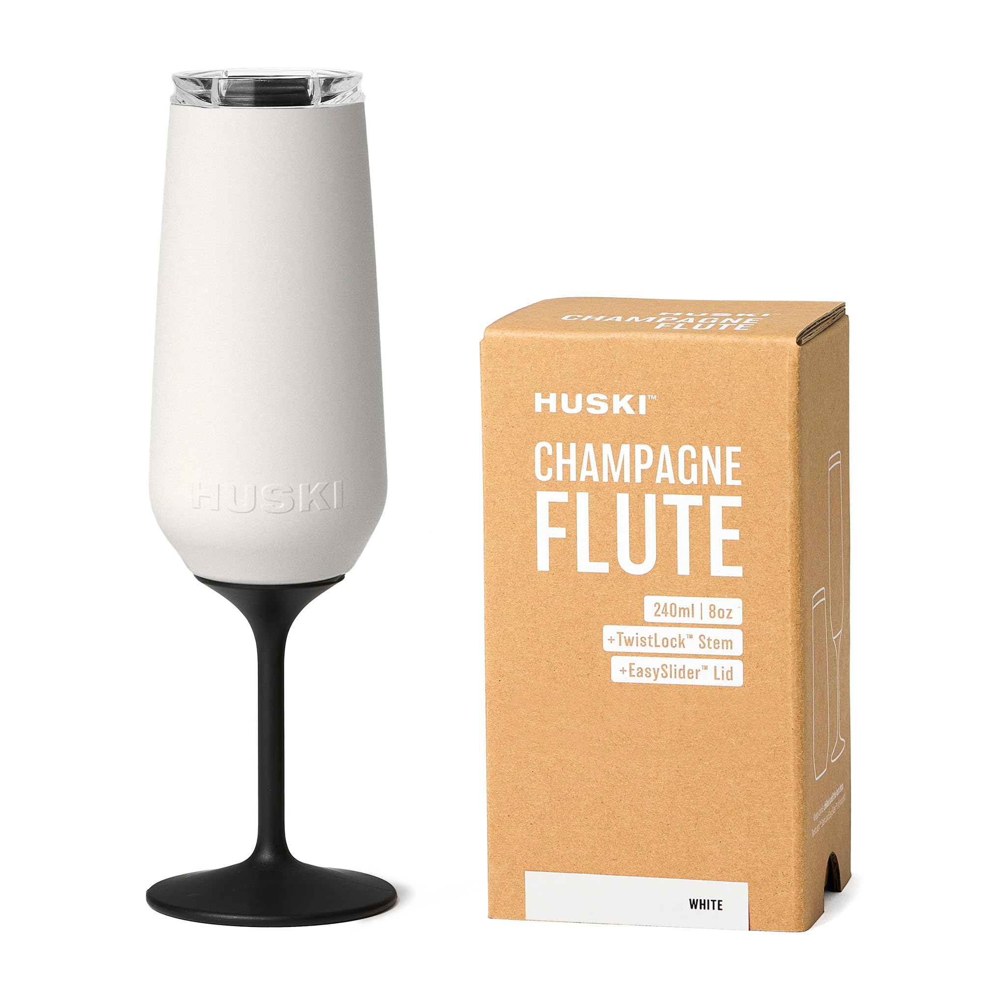 Huski Champagne Flute | New | Award-Winning Design with Detachable Stem | Premium Stainless Steel Champagne Glass with Lid | Triple Insulated Tumbler | 240ml Capacity | Great Gift (White)