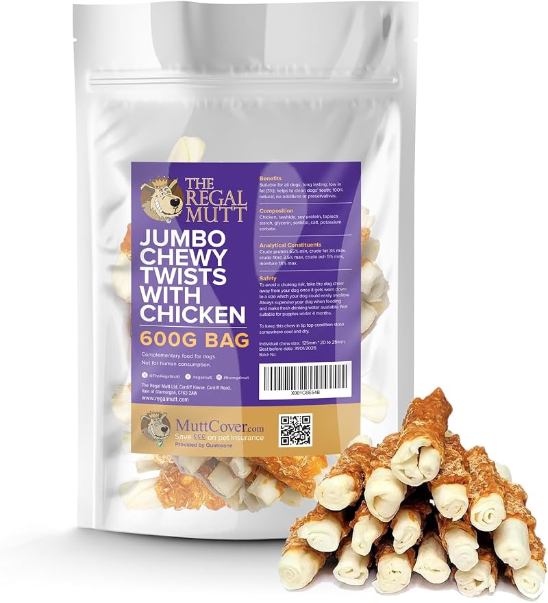 The Regal Mutt Chewy Jumbo Twists with Chicken 600g Bag