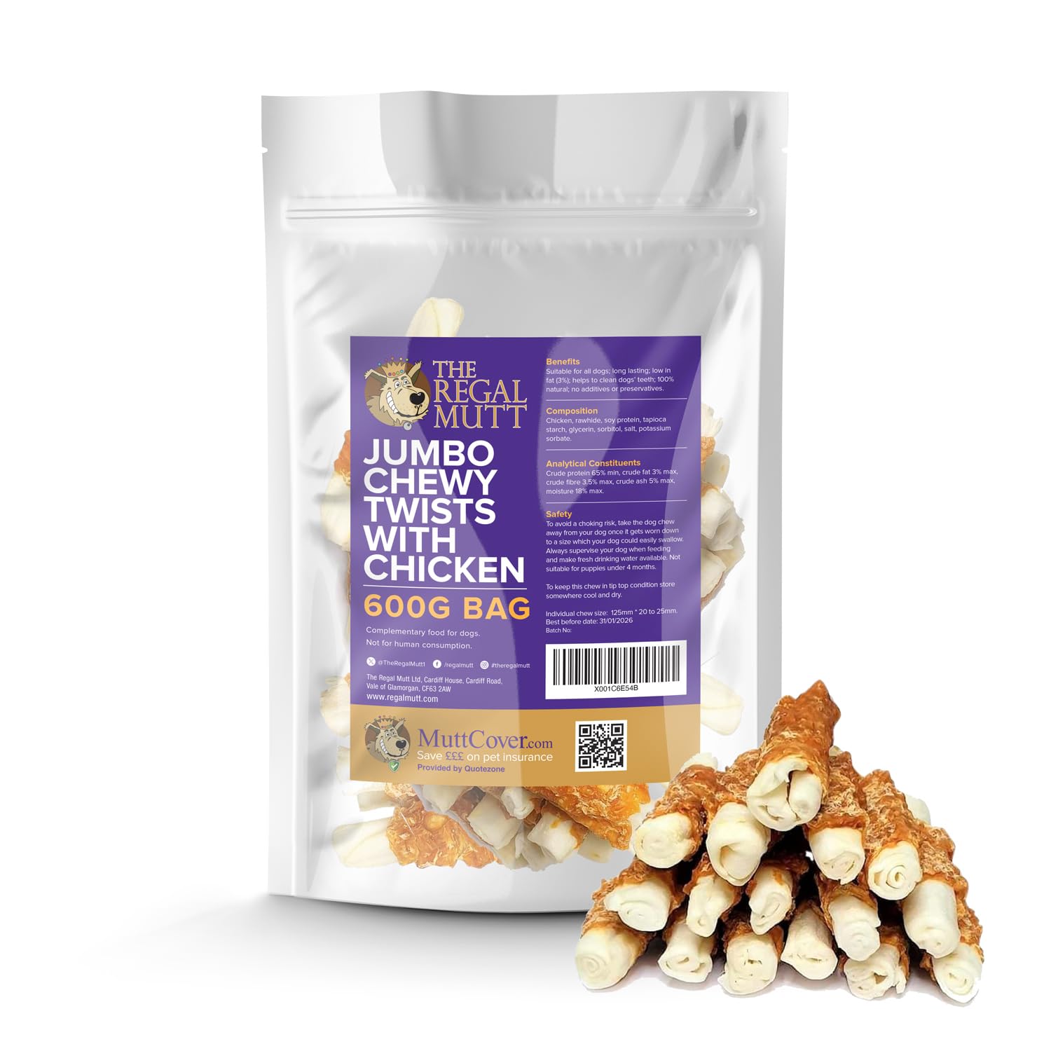 The Regal Mutt - Chewy Jumbo Twists with Chicken - 600g Bag — image 1