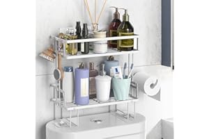 FLOLXNB Over The Toilet Storage Shelf, 2-Tier Bathroom Storage Organizer Upgrade Punch-Free Toliet Storage Shelf, Home Storage Rack with Hooks Shelf,White