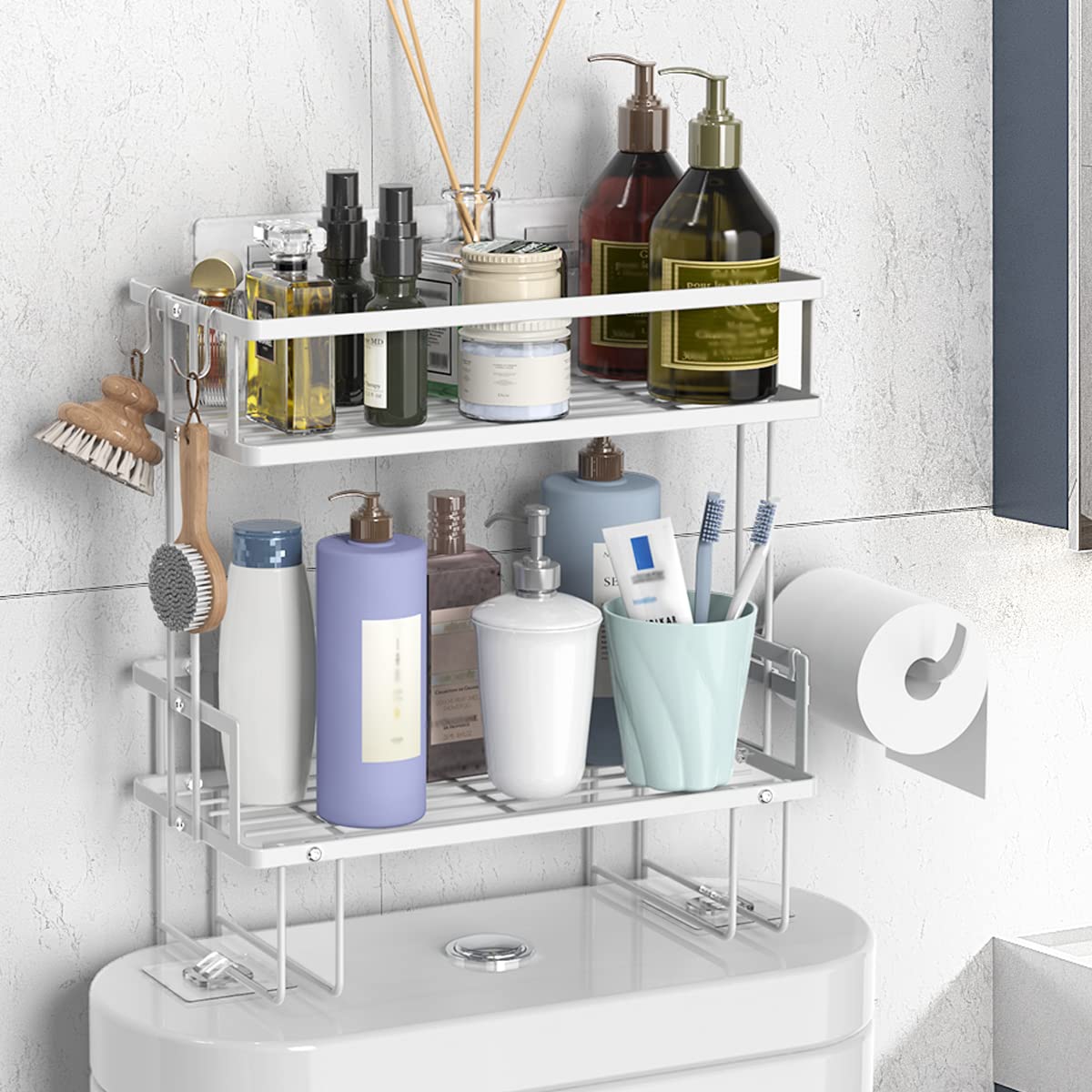 Photo 1 of FLOLXNB Over The Toilet Storage Shelf, 2-Tier Bathroom Storage Organizer Upgrade Punch-Free Toilet Storage Shelf, Home Storage Rack with Hooks Shelf, White