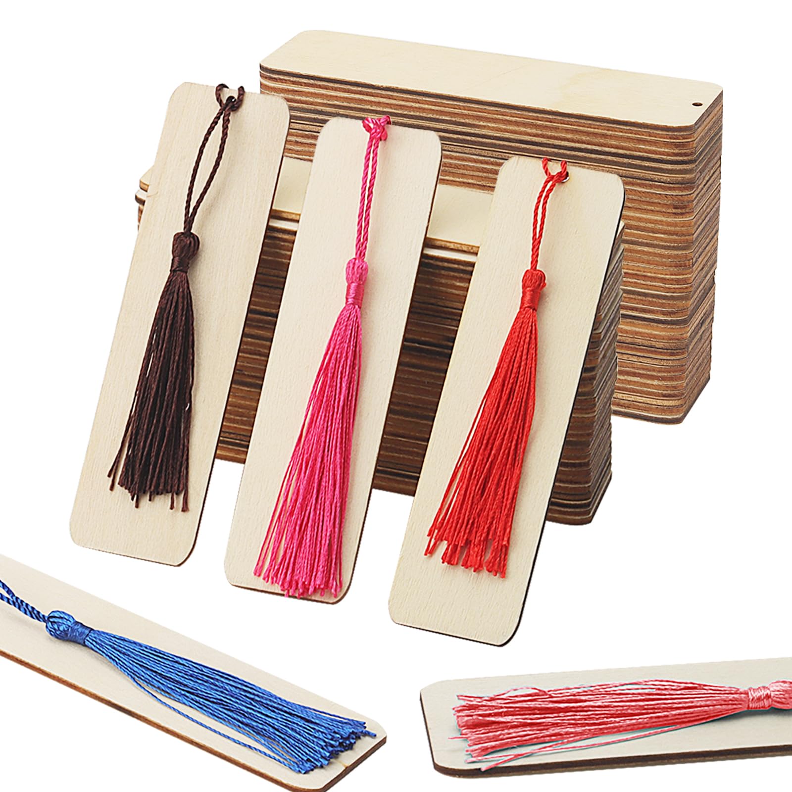 MAHIONG 144 PCS Wooden Bookmarks, 72 PCS Rectangle Blank Wood Bookmarks with Holes and 72 Pcs Colorful Tassel, Wood Hanging Tags for DIY Craft, Christmas Wedding Decor