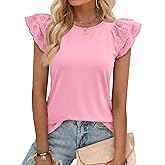 Cicy Bell Womens Ruffle Cap Sleeve T-Shirts Dressy Casual Summer Lace Tank Tops Crewneck Cute Basic Tee
