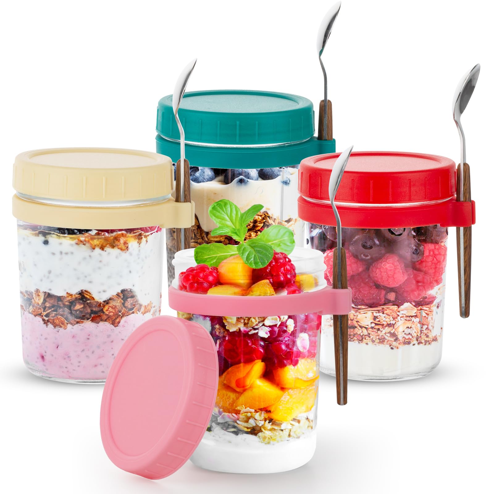 Dyserbuy 4 Pack Overnight Oats Containers with Lids and Spoons, 350ml/12 oz Glass Mason Jars for Overnight Oats, Large Airtight Jars with Measurement Marks for Milk, Cereal On The Go Container