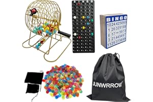 JUNWRROW Deluxe Bingo Set -Includes Antique Gold Metal Rotary Cage with Storage Bag,100 Mixed Cards, 600 Colorful Chips,75 Calling Balls,Master Board&2 Velvet Bag for Parties, Classroom, Large Groups