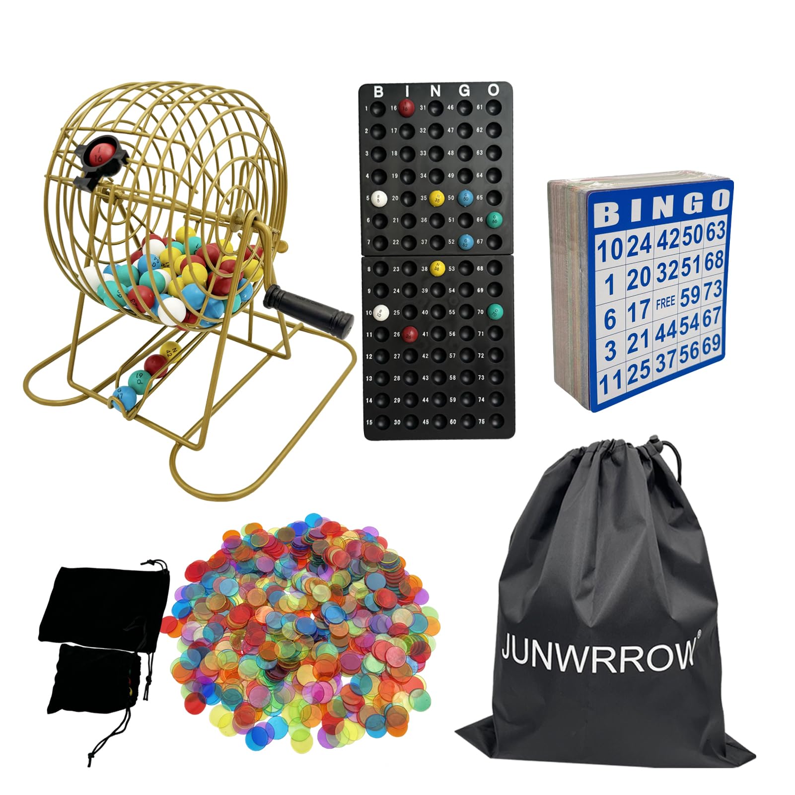 JUNWRROW Deluxe Bingo Set -Includes Antique Gold Metal Rotary Cage with Storage Bag,100 Mixed Cards, 600 Colorful Chips,75 Calling Balls,Master Board&2 Velvet Bag for Parties, Classroom, Large Groups