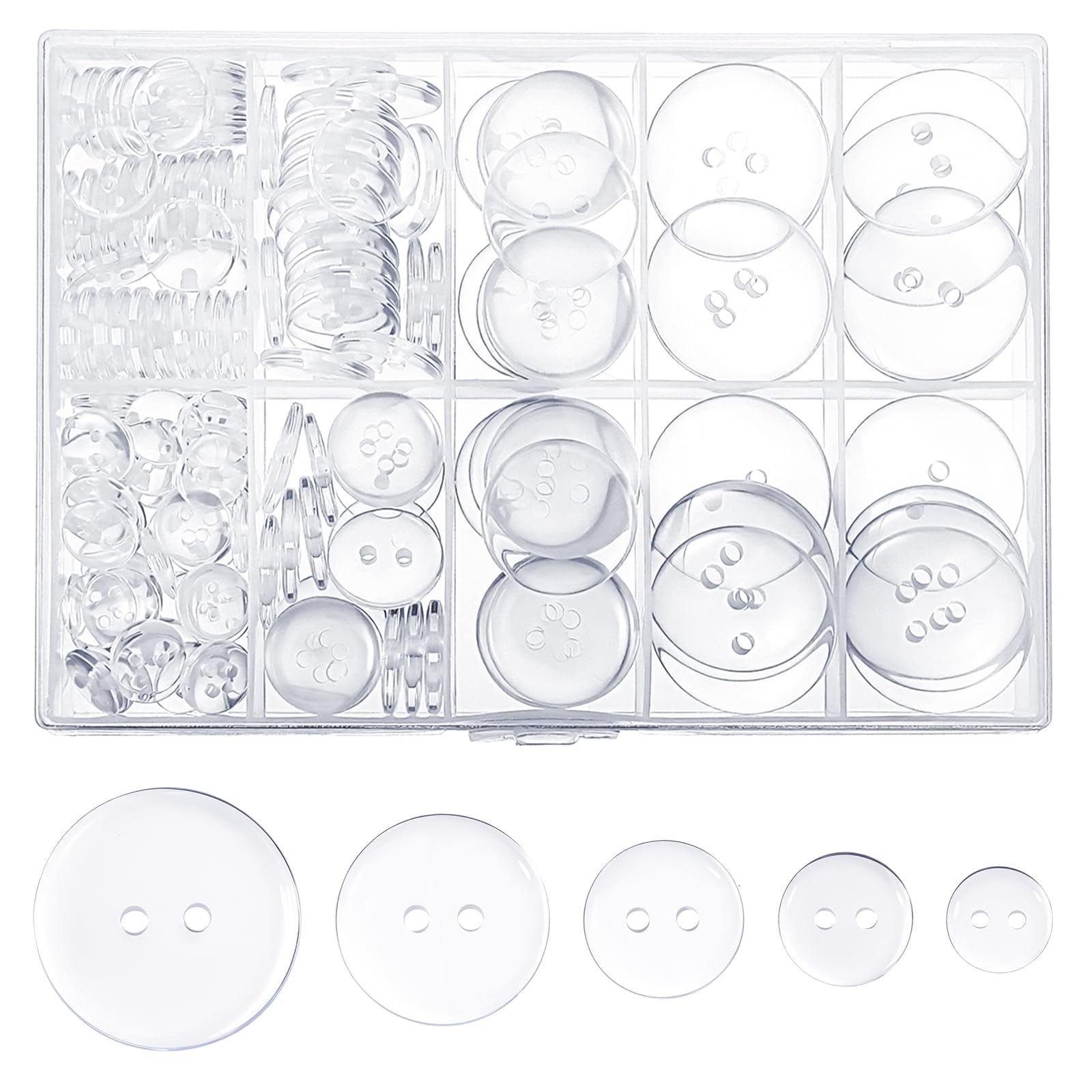 Photo 1 of 160 Pcs Clear Buttons for Sewing, Buttons 2 Hole 5 Sizes of Round Mixed Button Round Plastic Button for Coats Dress Skirt DIY Crafts