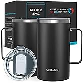 CHILLOUT LIFE Stainless Steel Vacuum Insulated Coffee Mug 20 oz (Set of 2) with Handle and Lid, Large Thermal Camping Coffee Mugs with Sliding Lid for Men & Women, Keeps Your Beverages Hot & Cold