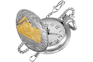 Realpoo Locomotive Bronze Pocket Watch for Men,Arabic Numerals White Dial Pocket Watches for Men, Men's Pocket Watch with Chain