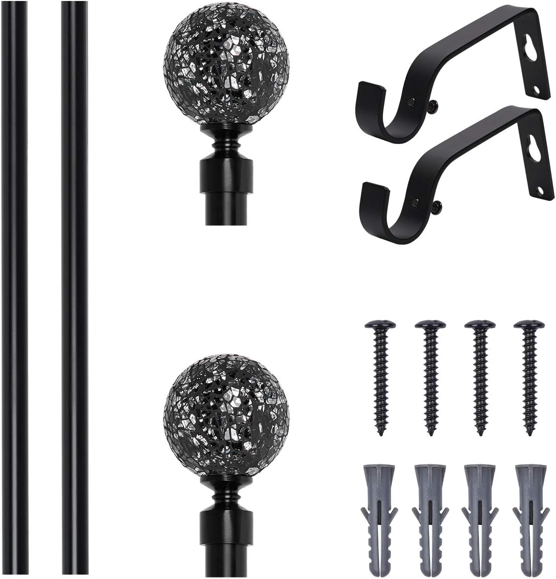 Coquilles Glass Mosaic Ball Finials Curtain Rod，3/4” Adjustable Curtain Rod，28-48 Inch，Black: Home & Kitchen