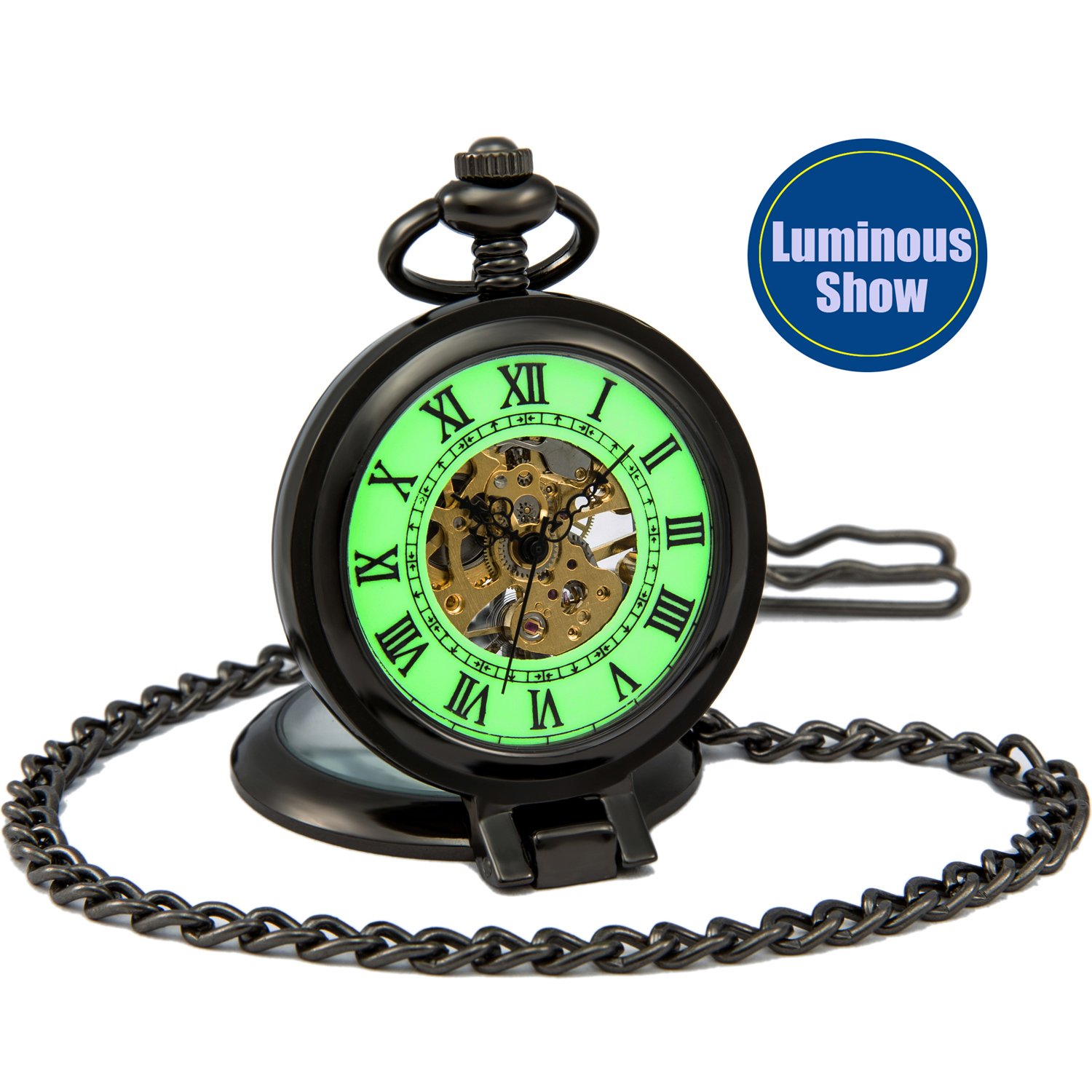 SEWOR Mens Luminous Dial Hand Wind Mechanical Pocket Watch with Brand Leather Gift Box (Stand Up Black)