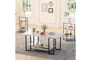 AWQM Faux Marble Table Set,Coffee Table & 2 Side Table, Faux Marble Tabletop and Metal Frame, 3 Piece Table Sets, for Living Room Apartment,White & Black