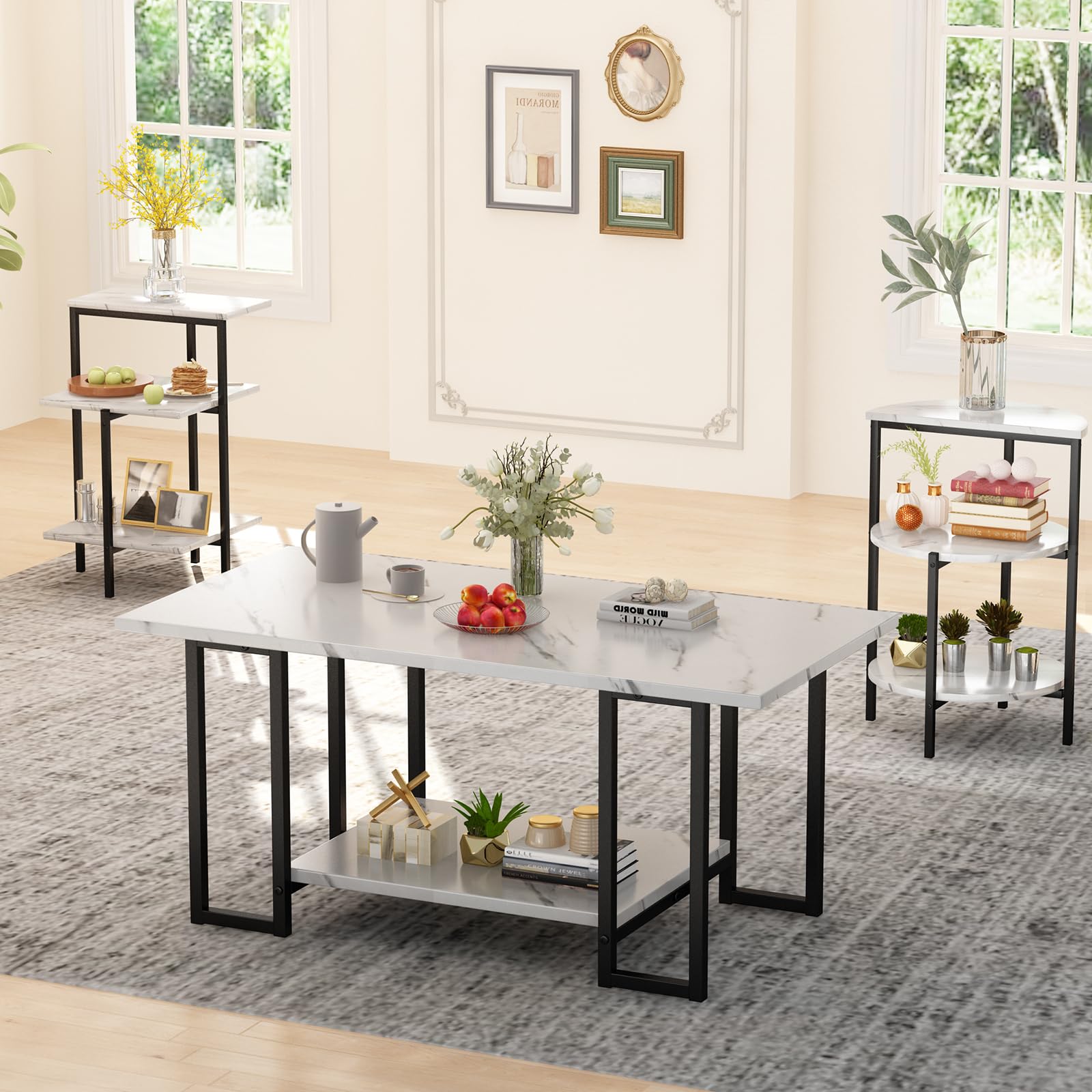 AWQM Faux Marble Table Set,Coffee Table & 2 Side