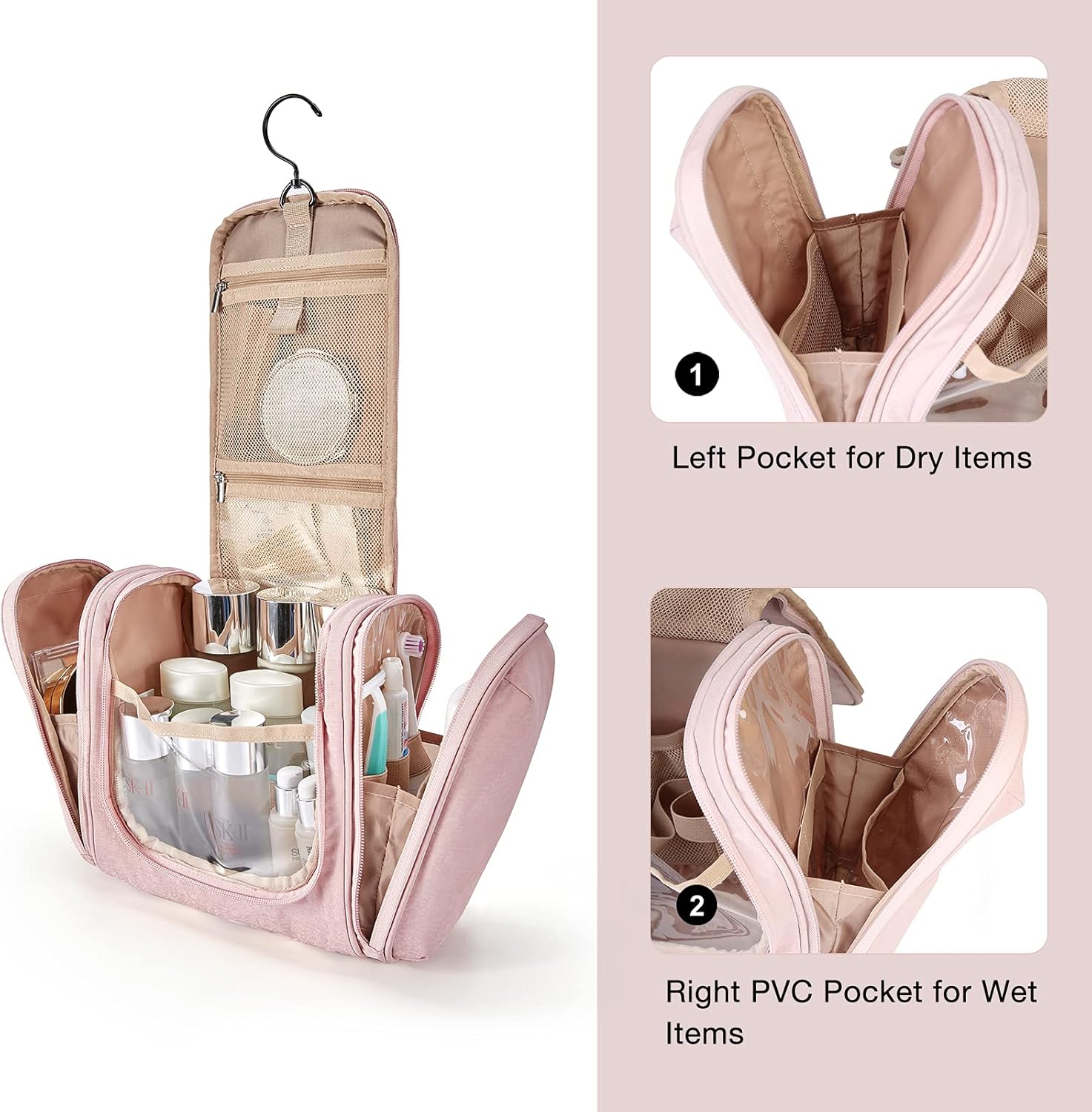 Hanging Toiletry Bag, BAGSMART Travel Toiletry Organizer with hanging hook, Water-resistant Cosmetic Makeup Bag Travel Organizer for Shampoo, Full Sized Container, Toiletries, Pink
