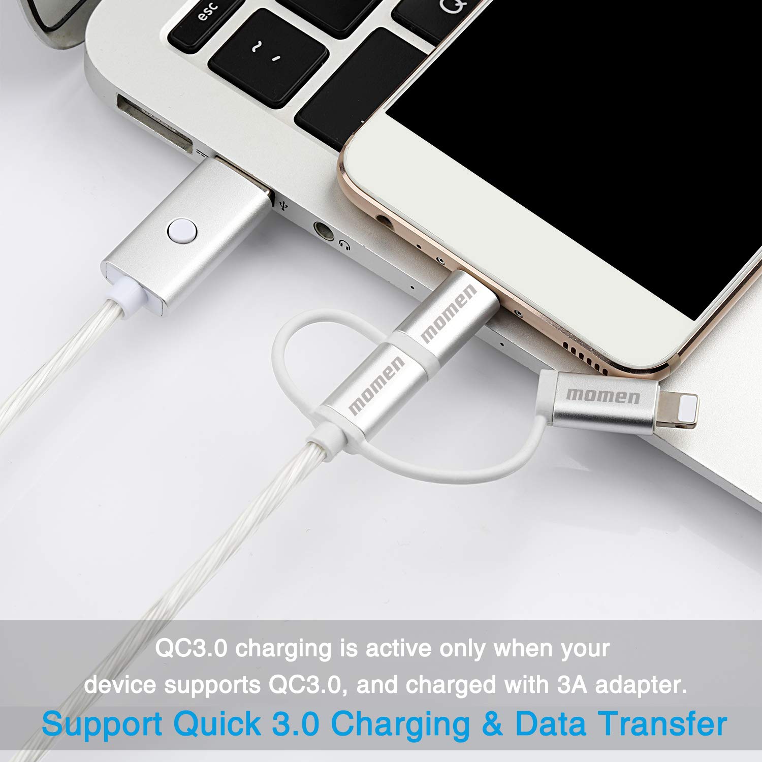 3 in 1 USB Cable,Momen Led Multi Charging Cable 6ft with 5 Light Modes Micro USB/Type C/Phone Charger Cable Compatible for Phone 6s/7/8/Xr,Galaxy S8/S9,LG Stylo 4/G5/G6/G7and More(Blue)