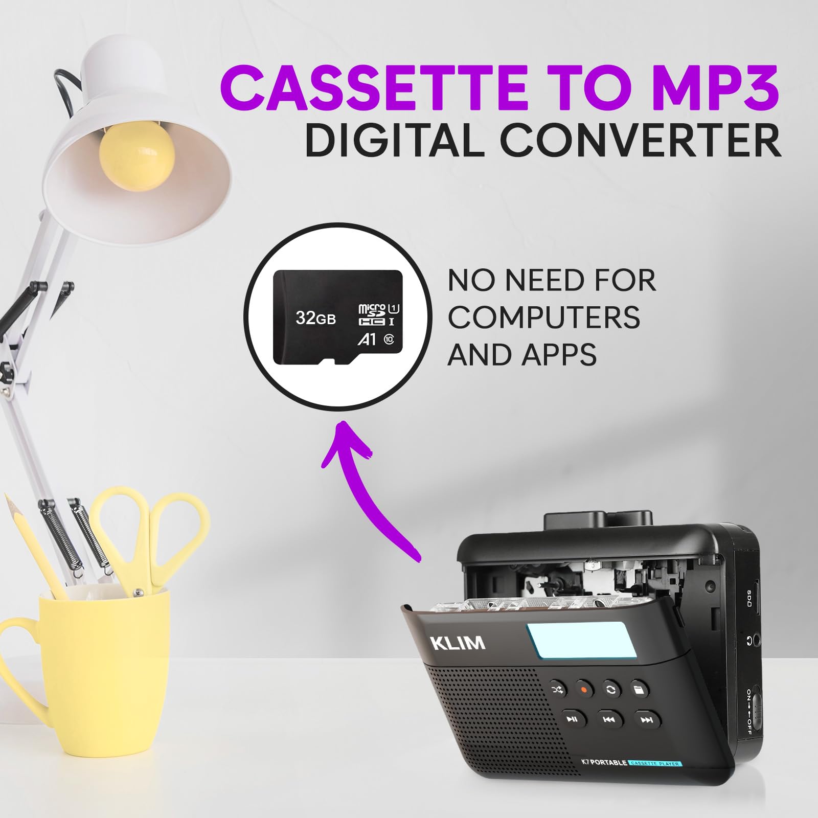KLIM K7 Cassette Tape Player + Cassette to MP3 Converter + Portable Cassette Player + Built-in Microphone & Speaker + Rechargeable Battery + Earphones + 32GB SD Card