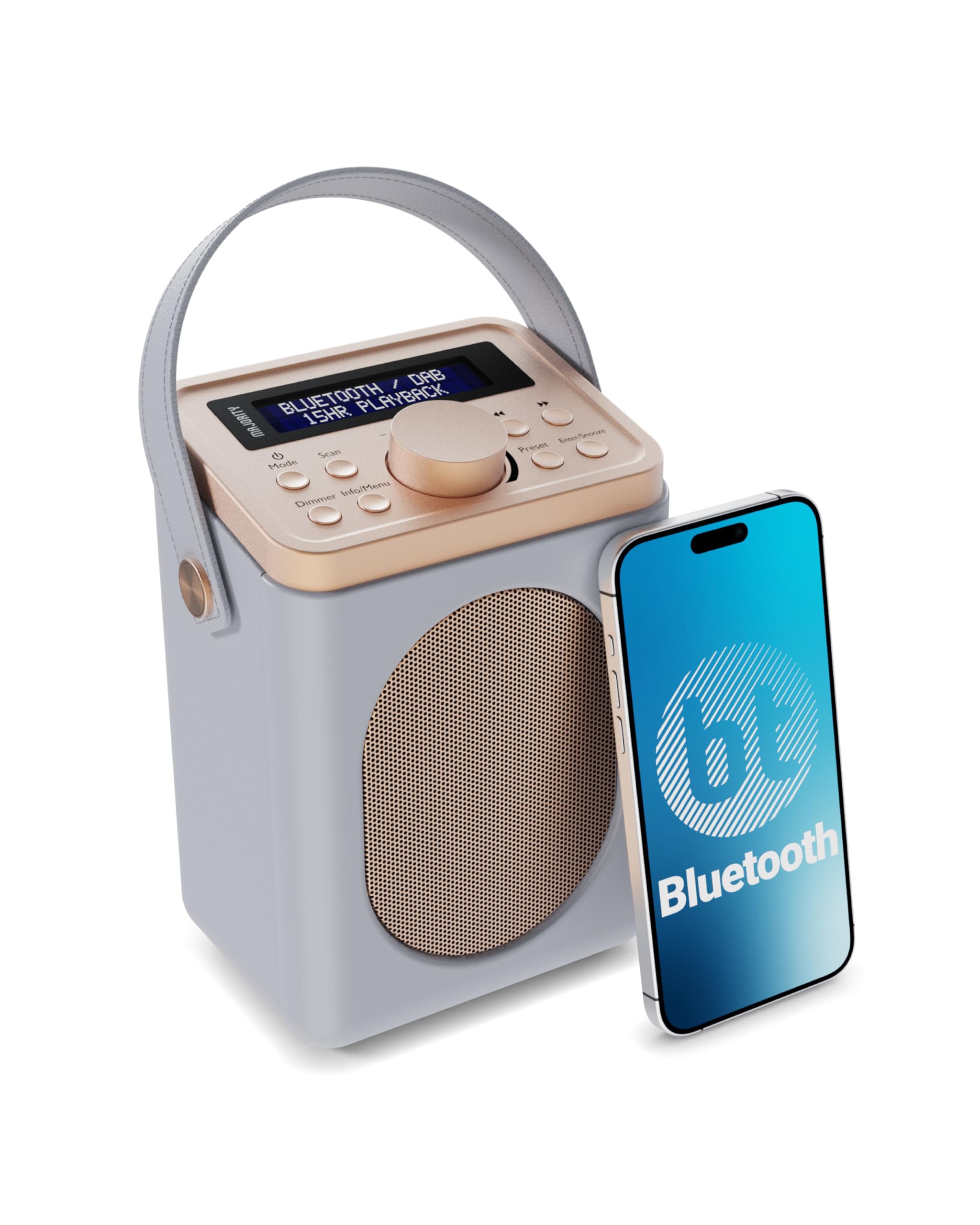 Portable DAB+ Radio with Bluetooth | 15 Hour Battery Playback and Mains Powered | Dual Alarm & Snooze Function | 20+ Presets, LED Display, FM, Headphone Jack | MAJORITY Little Shelford (Grey)