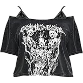 SOLY HUX Women's Plus Size Goth Cold Shoulder T-Shirts Graphic Tees Short Sleeve Loose Crop Tops