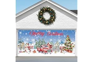 FRERDUI Christmas Garage Door Cover，7×16 FT Christmas Garage Door Decorations– Premium Fiber Fabric Garage Banner with Metal Grommets for Garage, Fence, Yard & Backdrop