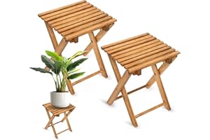 Timberholm Pack of 2 Small Folding Table, Portable Acacia Wood Side Table for Patio, Pool, Balcony, Indoor and Outdoor, Natural, 14 inches Height