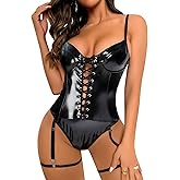 Lilosy Sexy Lace Up Leather Pu Wireless Garter Women Teddy Bodysuit Corset Bustier Top Outfit Nightout One Piece