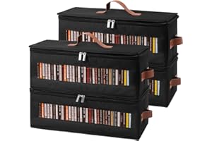 Qozary CD Storage Box - 4 Pack CD Case Holder with Clear Window, Holds 150 Jewel Cases, Media Storage Rack for DVDs, CDs, Video Game Disks, Blu Ray Disc-16.5 × 8.3 × 8 in, Black