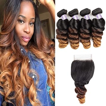 Amazon Com Brazilian Loose Wave Ombre Bundles With Closure 4