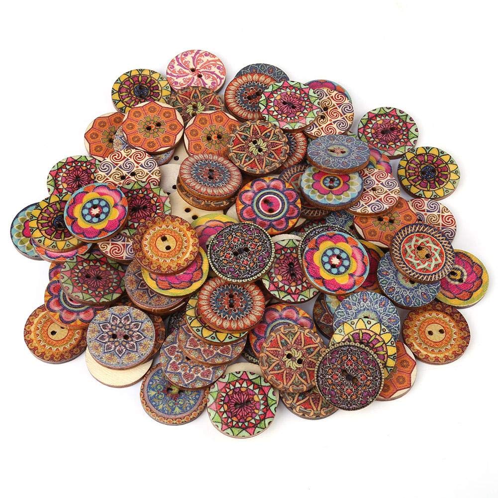 Fydun 100pcs Round Wood Buttons with 2 Holes Pattern Vintage Buttons for DIY Sewing Craft Decorative 25mm