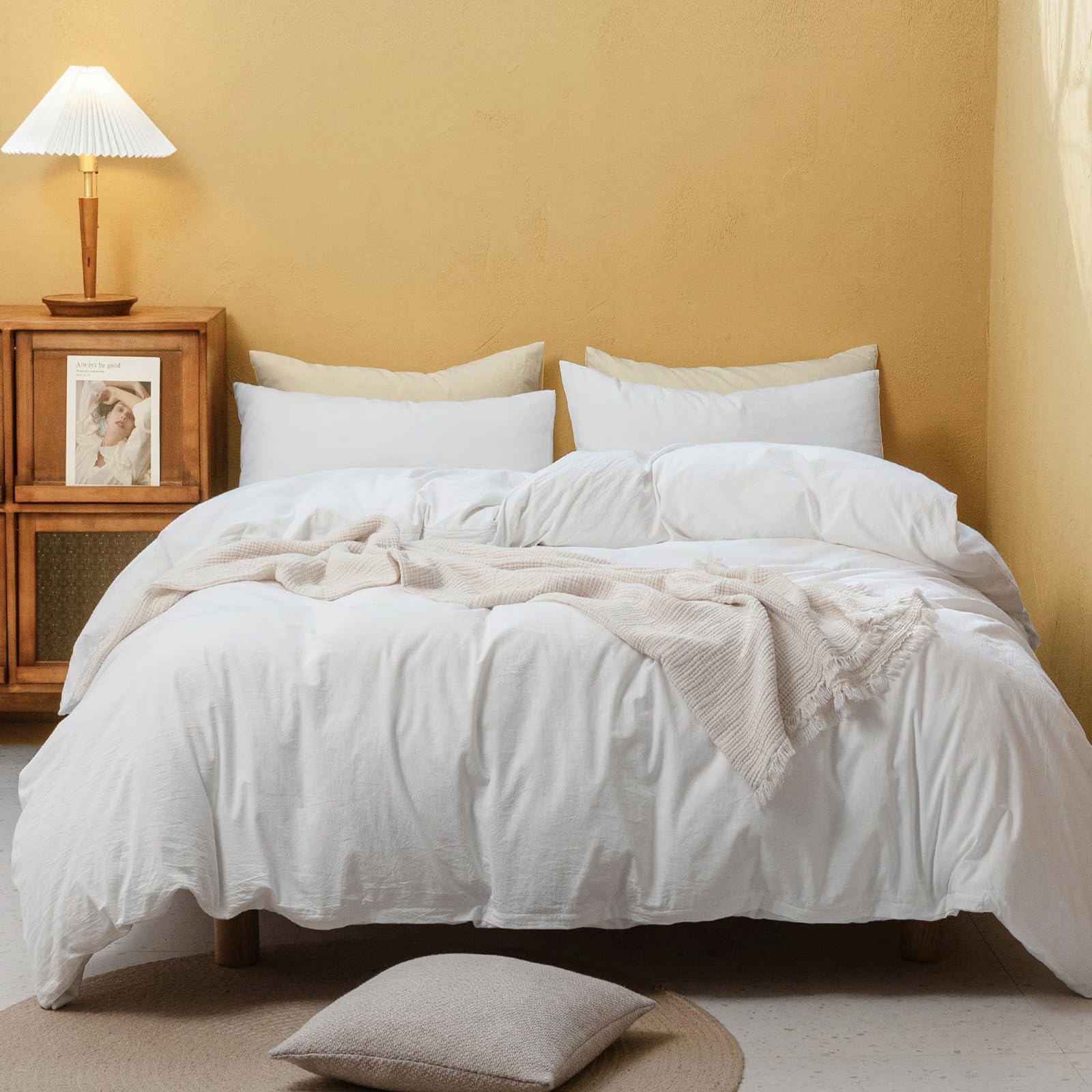 Photo 1 of FOSSA White Duvet Cover Set, 100% Washed Cotton Linen Feel Super Soft Breathable Cozy 3 Pieces Bedding Sets Solid Off White Queen