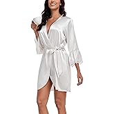 Lace Trim Satin Robes for Women Bride Bridesmaid Silky Kimono Robe Valentines Lingerie with Bell Sleeves