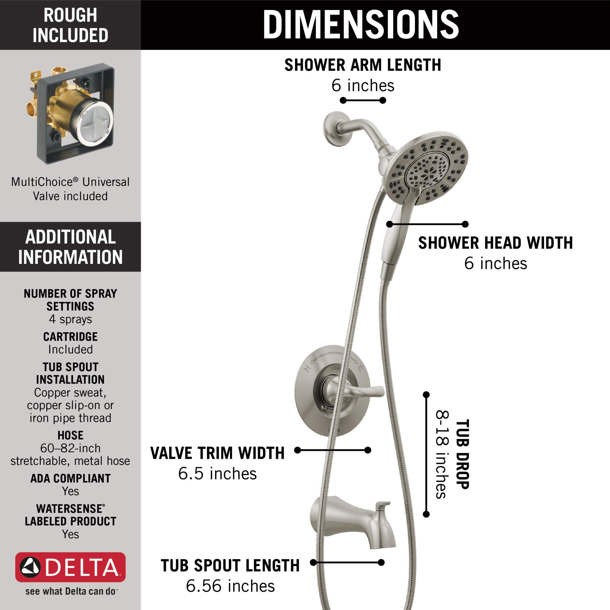 Delta Arvo 14 Series Brushed Nickel Bathtub Shower Faucet Set with In2ition 2-in-1 Dual Shower Head with Handheld Spray Combo, Valve Trim Kit, Spotshield Stainless 144840-SP-I (Valve Included)