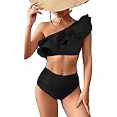 SPORLIKE Women High Waisted Swimsuit Flounce One Shoulder Bikini Padded Bathing Suit