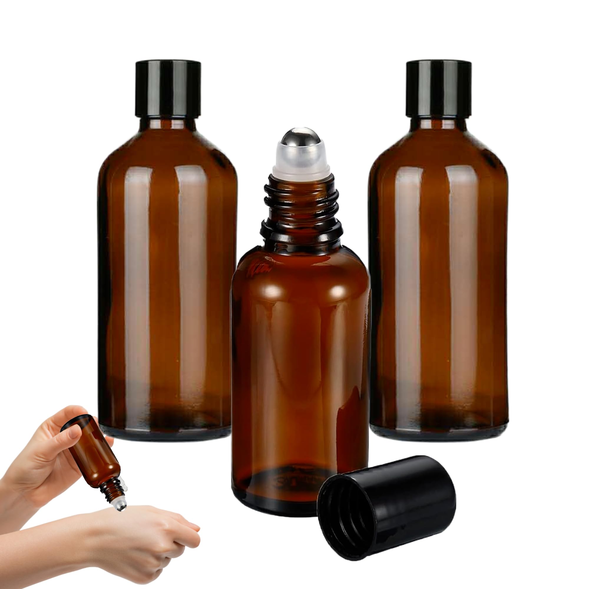 3PCS Amber Glass Roller Bottle 30ml for Essential Oils - Refillable Empty Ball for Perfumes and Oils