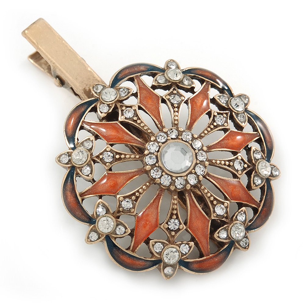 Vintage Inspired Clear Crystal Orange Enamel Flower Hair Beak Clip/Concord Clip/Clamp Clip In Gold Tone - 60mm L