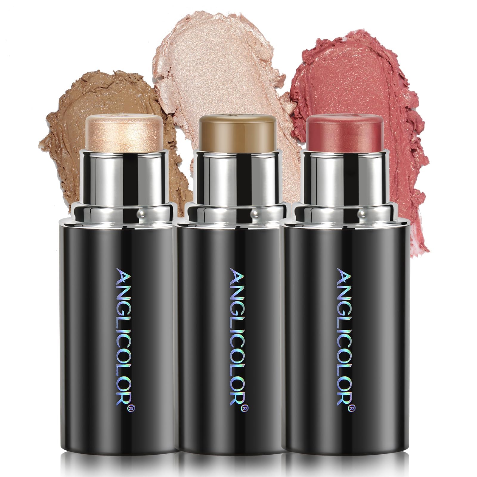 Anglicolor 3PC Cream Bronzer, Blusher Stick, Highlighter Stick Set, Matte, Long Lasting, Smooth, Blendable, Floral Fragrance, Hydrating, Sensitive Skin Friendly, Better for Fair Skin
