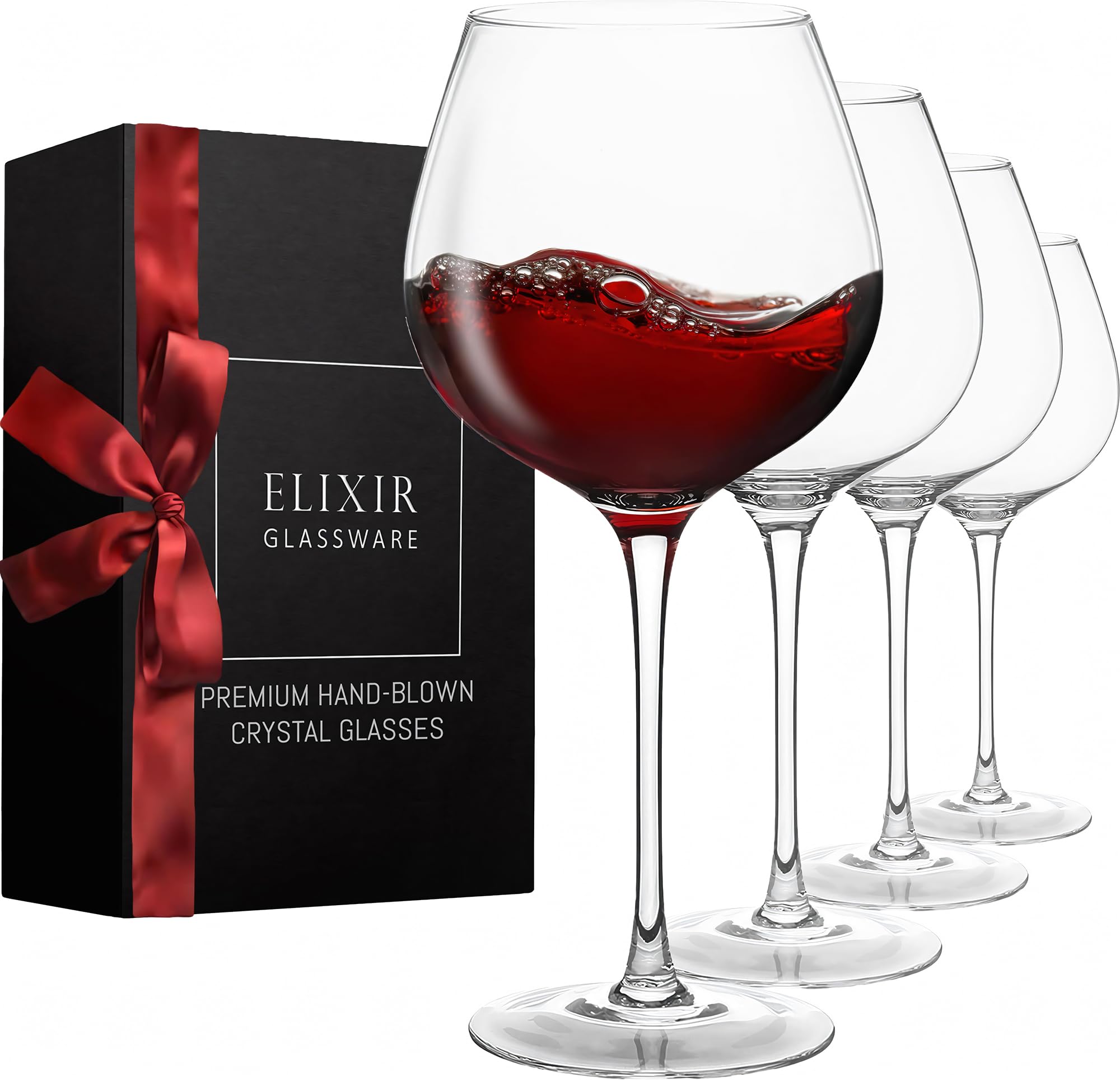 ELIXIR GLASSWARE Red Wine Glasses - Extra Large Crystal Wine Glasses 4 Set, Hand Blown - Long Stem Giant Wine Glass Set of 4 - Coupe a Vin - Wedding, Anniversary - 22 oz, Clear Image