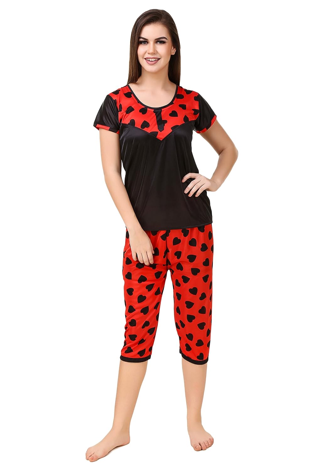 masha women's satin printed night suit (capri)