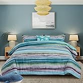 Holawakaka Beach Stripe Bedding Sets 6 Pieces, Aqua Coastal Striped Comforter Set Queen Size All Season Geometric Bed Set, Nautical Bed in a Bag with Comforter, Sheets and Shams