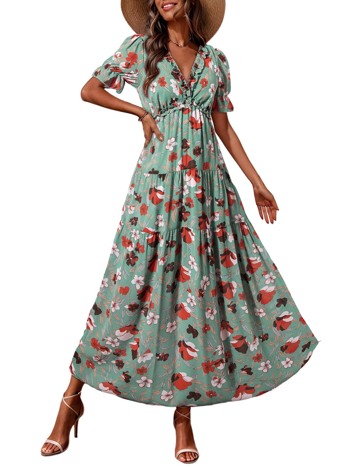 Photo 1 of BLENCOT Women's Casual Boho Floral Printed Deep V Neck Loose Short Sleeve Long Evening Dress Ruched Party Maxi Wedding Dress Green X-Large