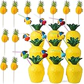 ALINK 12 Pineapple Cups with 12 Umbrella Straws and 12 Cocktail Drink Picks, Hawaiian Luau Tiki and Beach Party Decorations for Kids and Adults