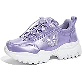 LUCKY STEP Kids Chunky Sneakers Fashion Platform Walking Tennis Shoe Sparkly Butterfly Faux Leather Elastic No-tie Laces School Shoes for Girls Boys