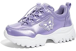 LUCKY STEP Kids Chunky Sneakers Fashion Platform Walking Tennis Shoe Sparkly Butterfly Faux Leather Elastic No-tie Laces School Shoes for Girls Boys