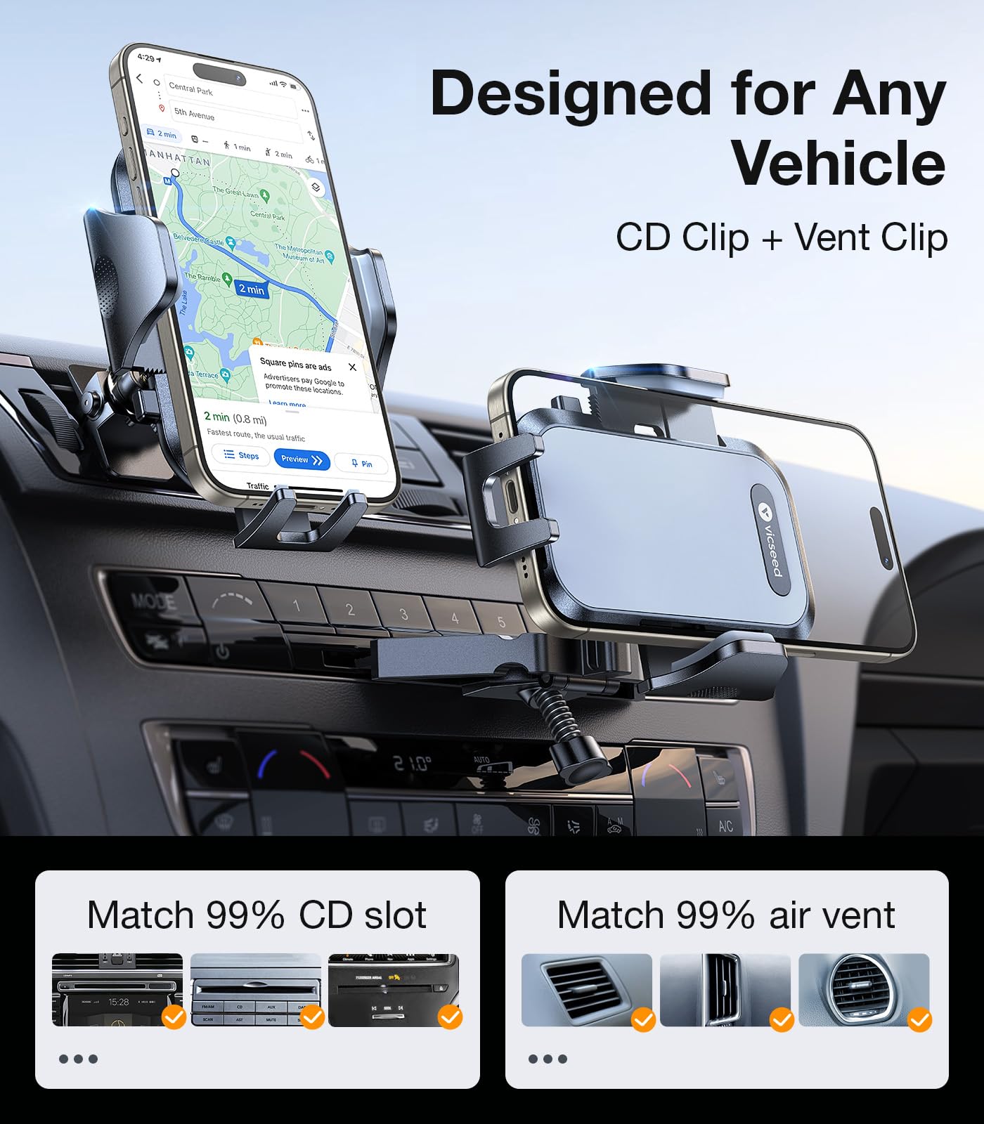 VICSEED Military-Grade Sturdy Car Phone Holder Mount, Upgraded Anti Shake Metal CD Slot & Air Vent Thick Case Friendly Phone Mount for Car Fit for iPhone 16 15 14 Samsung All Phones