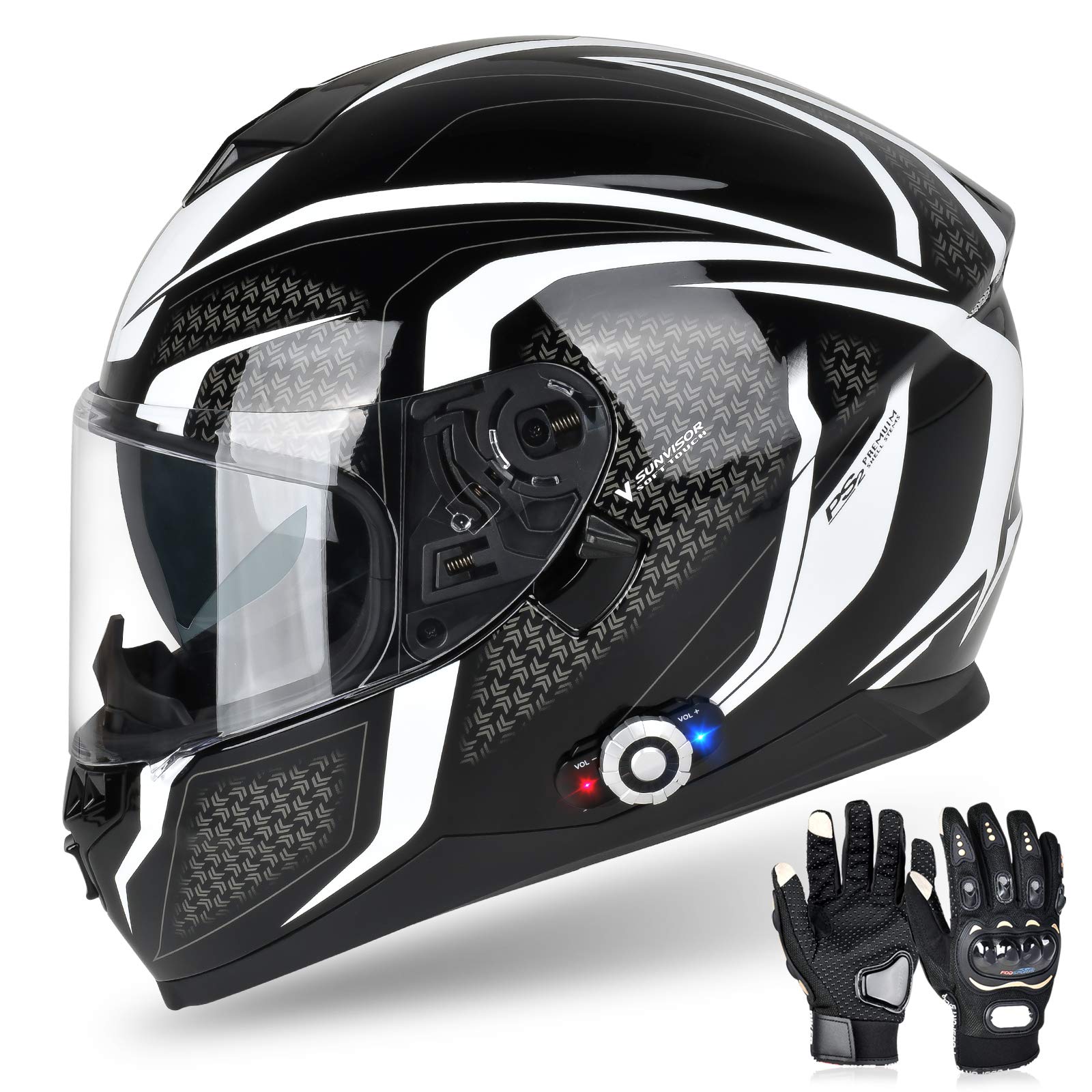 Bluetooth Motorcycle Helmet FreedConn BM12 DOT Full Face Bluetooth Helmets Motorcycle Dual Visor Helmet with Integrated Intercom System/ 2~3 Riders Pair/ 500M/ FM (Black & White, XL)