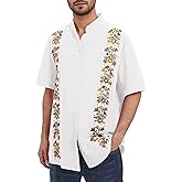 IKADEX Mexican Shirts for Men Traditional Men's Guayabera Dress Shirts Embroidered Button Down Cotton Tops Fiesta with Pocket A-White