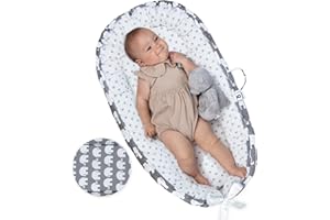 SERENE HAVEN Baby Lounger - Organic Cotton Soft Touch Comfort Infant Lounger - Portable Reversible Washable Infant Floor Seat – Adjustable Baby Nest - Baby Lounger for Newborn - Elephant Stars Print