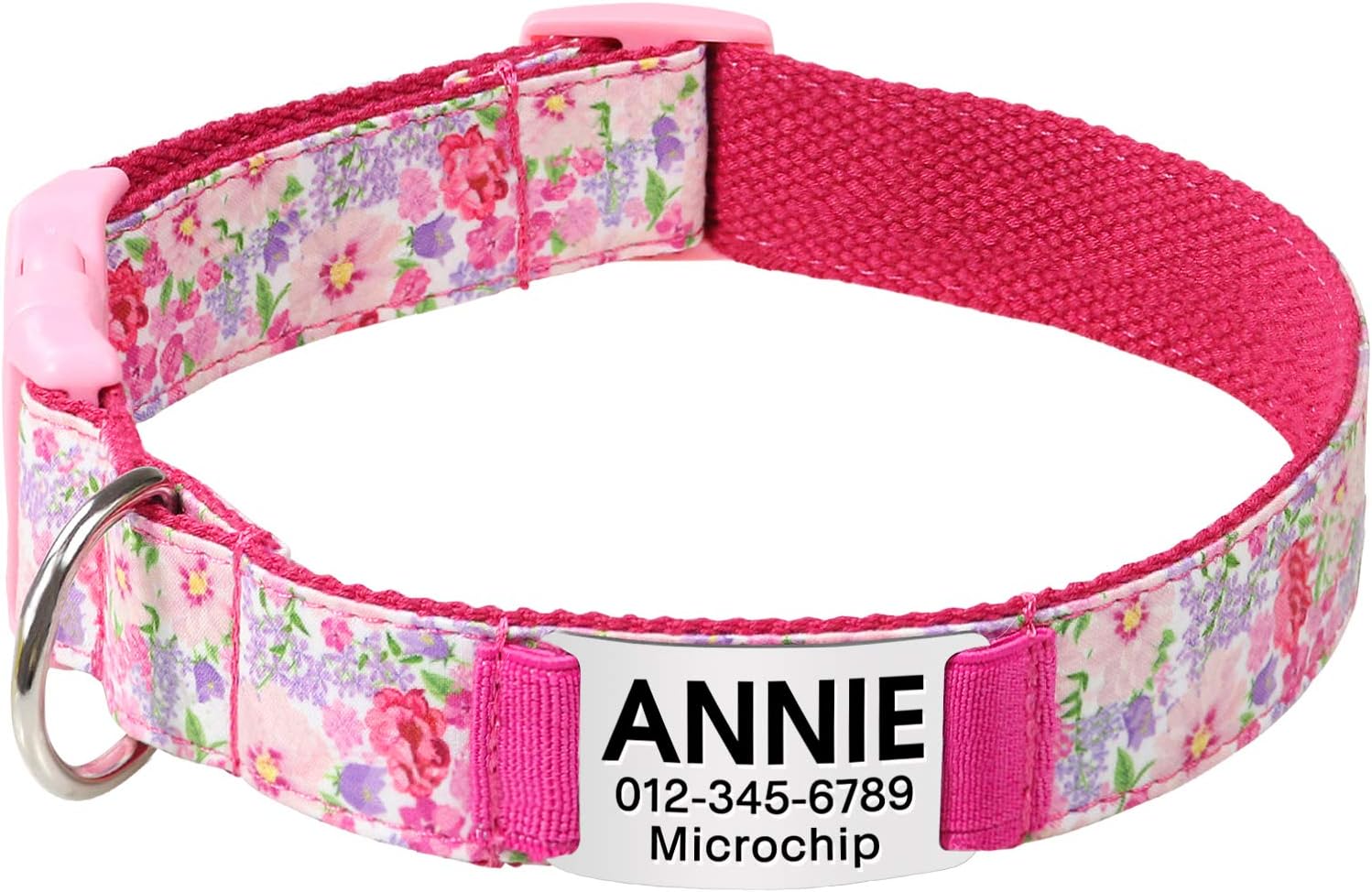 Personalised Dog Collar/Premium Custom Dog Collar with Nameplate/Breakaway Buckle/Fashion Patterns Dog Collars/Laser Engraved/Pink Flower Medium
