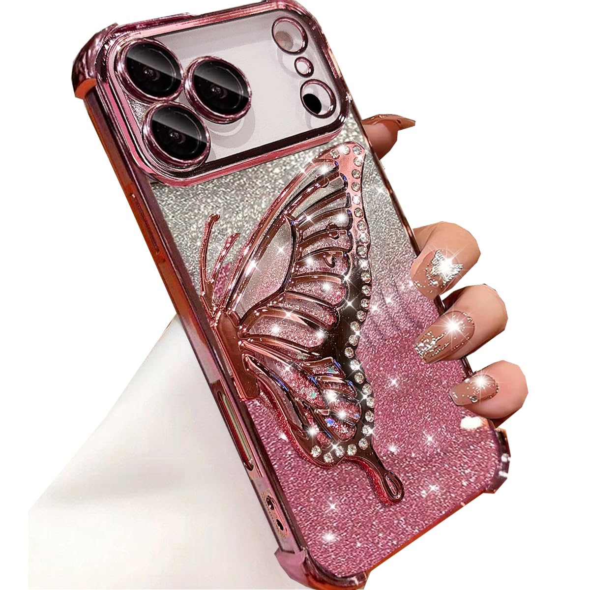 Photo 1 of Changjia for iPhone 17 Pro Max Glitter 3D Butterfly Case, Cute Bling Sparkle Liquid Flowing Diamond Butterfly Foldable Kickstand with Camera Lens Protector Women Girls Case for iPhone 17 Pro Max, Pink