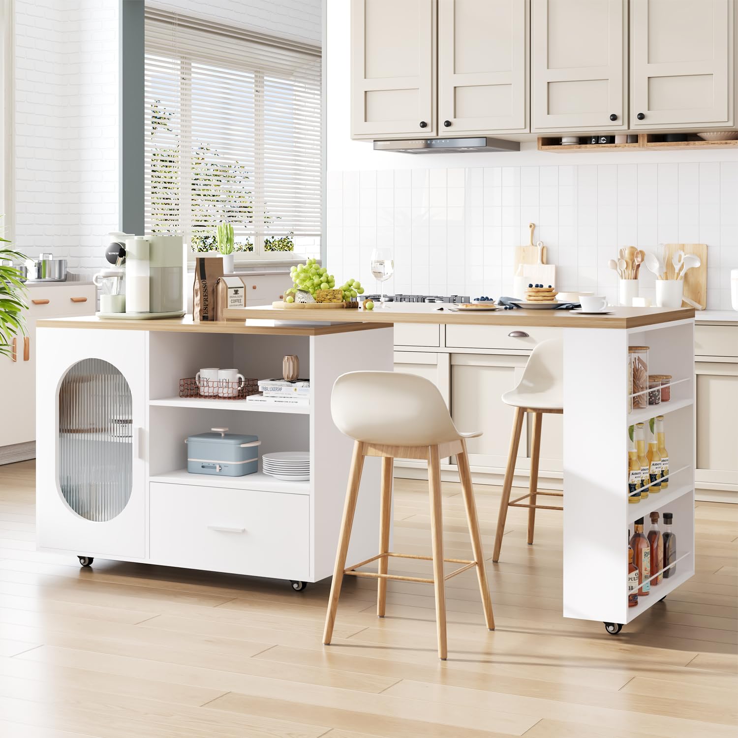 IBF Kücheninsel Freistehend mit Arbeitsplatte Auf 7 Rollen Küchenschrank Küchenwagen Moderne Mobile Kücheninsel Mit 360 Grad Drehbarer Holzplatte und Schublade Für Esszimmer Weiß 184 cm